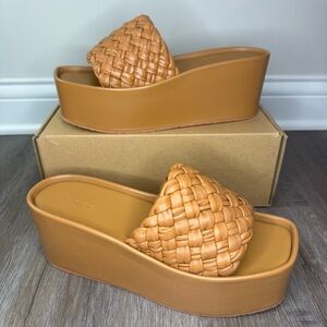 Vince Mari Braided Wedge Tan Leather Platform Slide Sandals